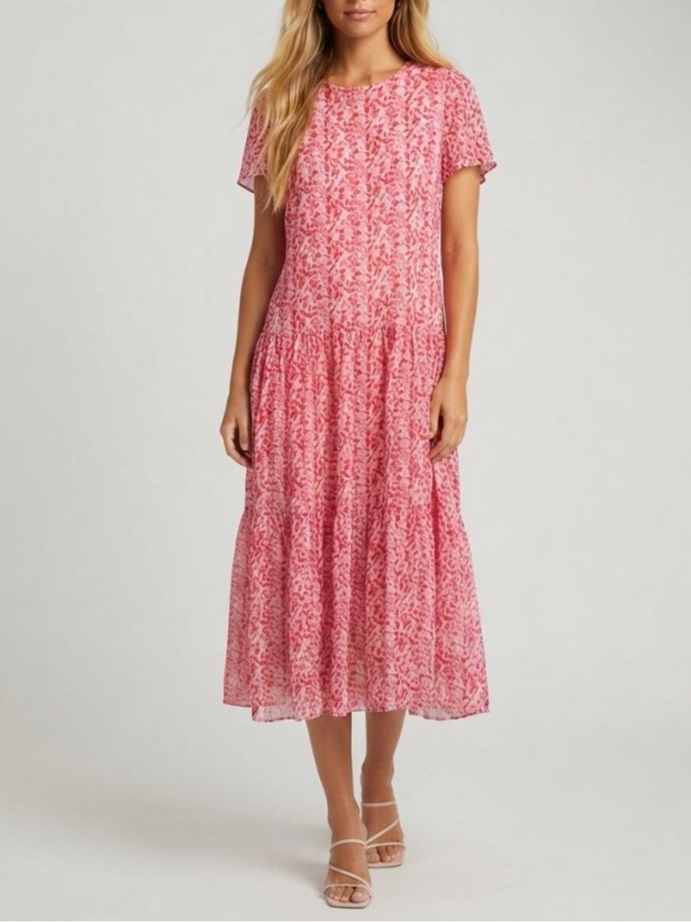 BCBGMaxAzria Pink Floral Short Sleeve Tiered Midi Dress Large 57033